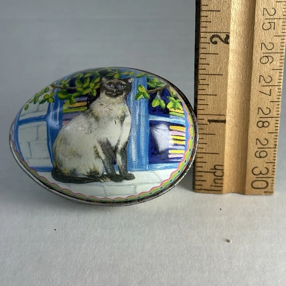 Vintage Cat Tin Egg Trinket Box – Siamese Cat Illustration, Rustic Cottage Decor